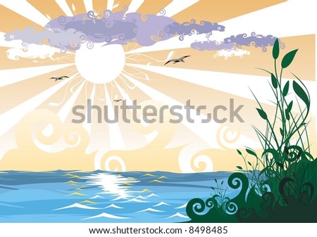 vector cartoon landscape with river, bulrush and sun