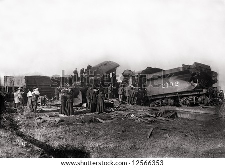 A print from a glass negative taken in an an old view camera about 1890. Train wreck where two trains collided.