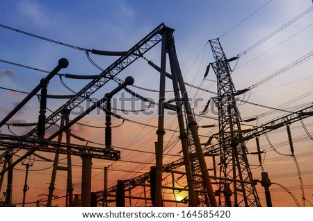 Electrical substation on the sunset background