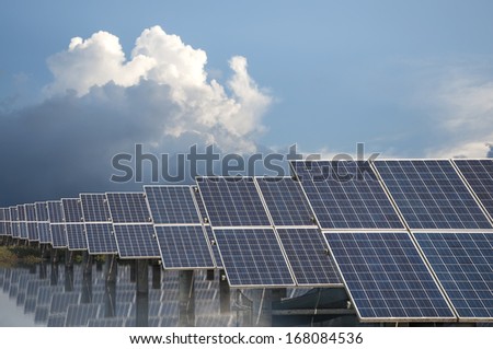 Power plant using renewable solar energy with blue sky