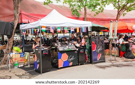 BANGKOK-JUNE 29:The cosmetics booth about Football world cup 2014 is in weekend market on June 29, 2014.Chatuchak Market,Bangkok,Thailand is the world largest weekend market with 16,000 booths