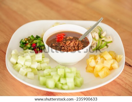 Set of Vietnamese food sauce on wood table