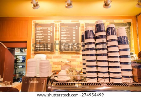 SEOUL,SOUTH KOREA - APRIL 14 : The worm interior and coffee equipment  are in a small coffee house in Seoul,South Korea on April 14,2015