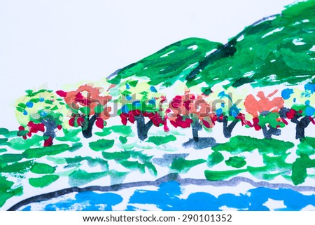 Colorful flower trees and green mountain painted by watercolor on white paper