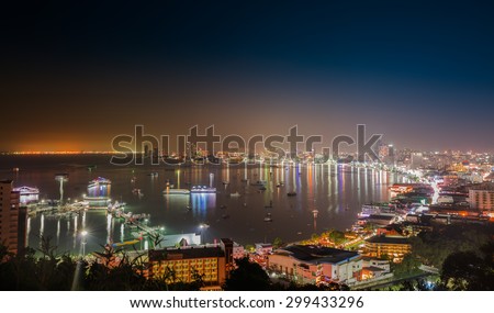 PATTAYA, THAILAND - JULY 23 : The building and skyscrapers in night time on July,23,2015 in Pattaya,Thailand.Pattaya city is famous about sea sport and night life entertainment.