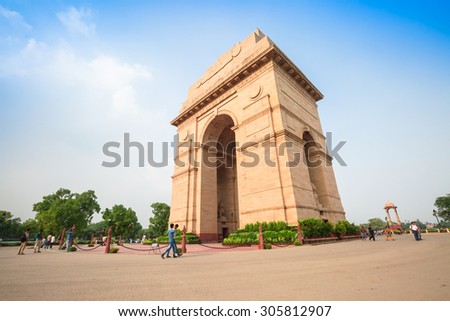 NEW DELHI, INDIA - AUGUST 4: The Indian gate and tourists are in  New Delhi,India on August 4, 2015. The Indian gate is the national monument of India.