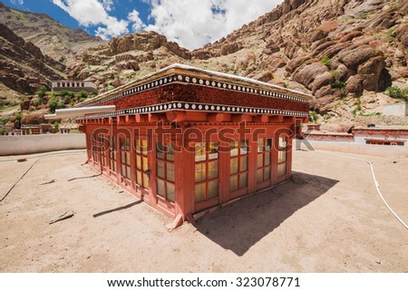 LEH , INDIA - AUGUST 11 : The deck wooden hall in summer in Hemis Monastery in Leh district,Ladakh, Himalayas, Jammu and Kashmir, Northern India on August 11, 2015.