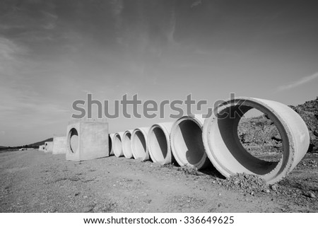 Materials used in road construction works.Black and white image