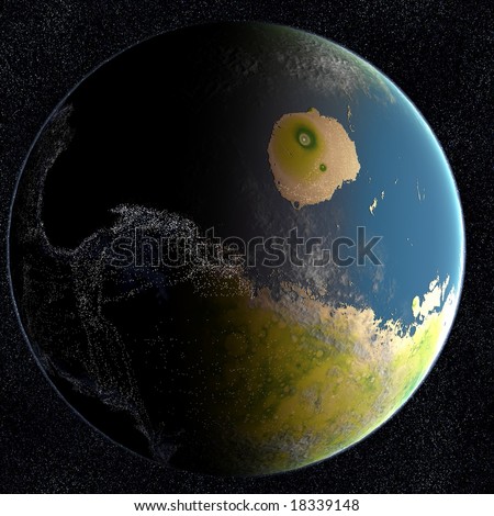 Terraformed Mars  This is what mars may look like if it was terraformed and colonized sometime in the future. You can see the city lights from the inhabitants on the dark side of the planet.