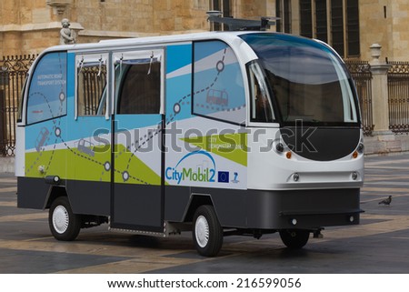 LEON, SPAIN - SEPTEMBER 11, 2014: Prototype tests minibus without drivers for the streets of Leon. The CityMobil 2 is a project of urban automatic road transport system  without fully electric driver