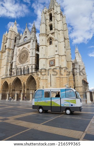 LEON, SPAIN - September 11, 2014: Test-drive prototype minibus next to the Cathedral of Leon. The CityMobil 2 is a proposed system of urban road transport without fully automatic electrical conductor