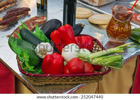 Swatch vegetables, food and drink in a stand or street food stall
