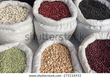 Sacks with Legumes Beans Market - Different types of beans  arranged in sacks for sale on the market