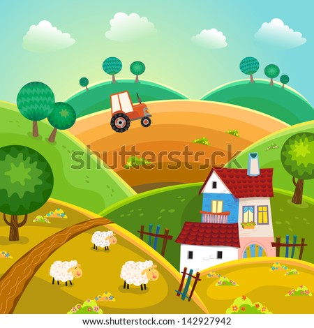 Rural landscape with hills, house and tractor. Vector.
