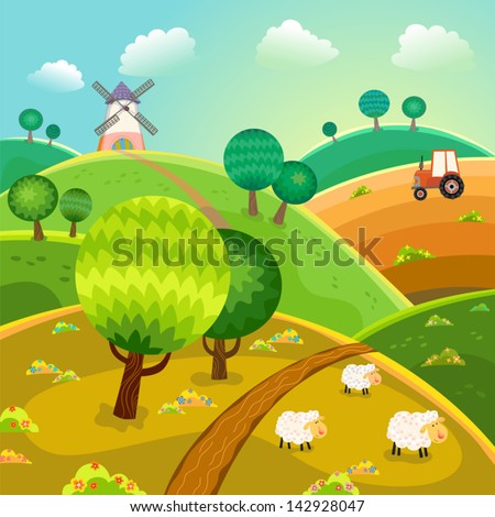 Rural landscape with hills, trees, sheeps and tractor. Vector.