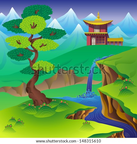Chinese landscape with tree, waterfall, mountains and house.