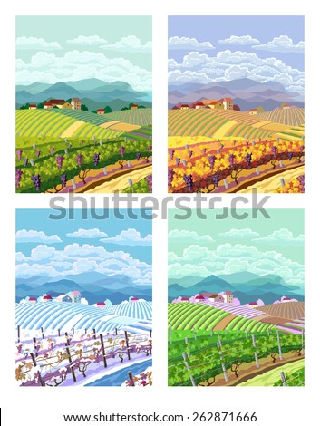 Rural landscape with vineyard and mountain panoram. Four season.