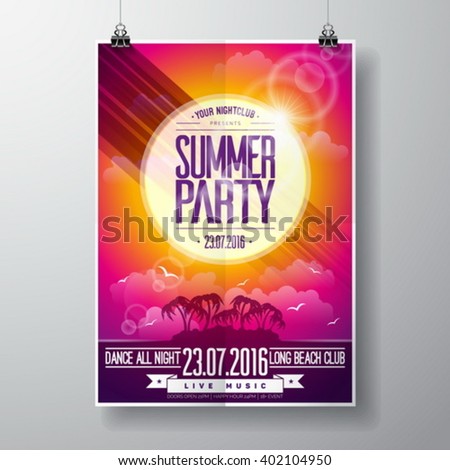 Vector Summer Beach Party Flyer Design with typographic elements on ocean landscape background. Eps10 illustration.