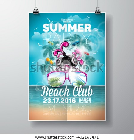 Vector Summer Beach Party Flyer Design with typographic and music elements on ocean landscape background. Eps10 illustration.