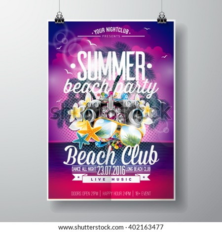 Vector Summer Beach Party Flyer Design with typographic and music elements on ocean landscape background. Eps10 illustration.
