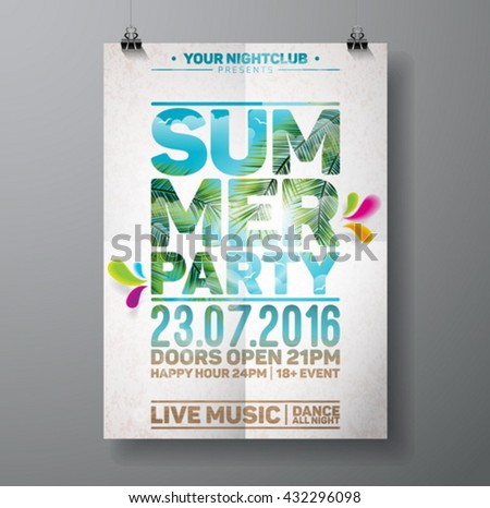 Vector Summer Beach Party Flyer Design with palm leaves and typographic elements on ocean landscape background. Eps10 illustration.