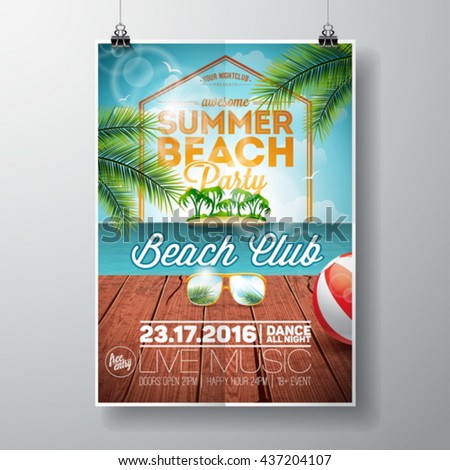Vector Summer Beach Party Flyer Design with sunglasses on ocean landscape background. Typographic design on vintage wood. Eps10 illustration.
