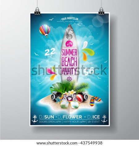 Vector Summer Beach Party Flyer Design with surf board and paradise island on ocean landscape background. Typographic design on board. Eps10 illustration.