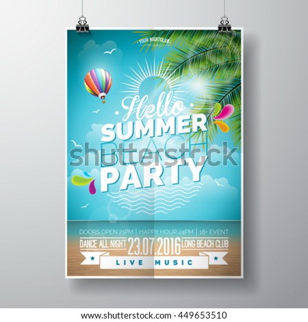 Vector Summer Beach Party Flyer Design with typographic elements on ocean landscape background. Air balloon and palm tree. Eps10 illustration.