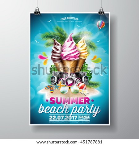 Vector Summer Beach Party Flyer Design with ice creams and music elements on ocean landscape background. Typographic design. Eps10 illustration.