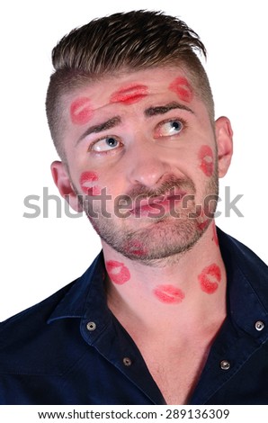 Isolated man lipstick face looking arrogant