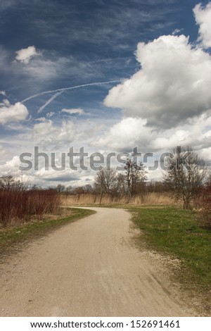 a little dusty road through nature in spring with deep blue and cloudy sky