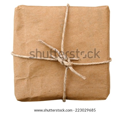 A old brown parcel isolated white