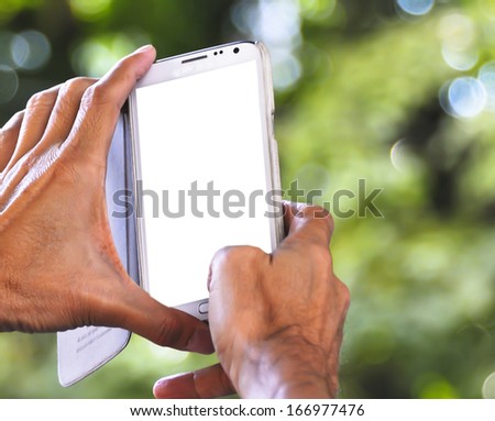 Hand holding smart phone taking photo : white space background for text message