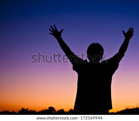 successful man open arm wide on sunset background - happy life success outdoor lifestyle fun peace