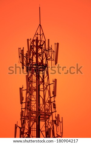 telecommunication tower - sunset silhouette broadcasting steel telephone technology tall radar communication background