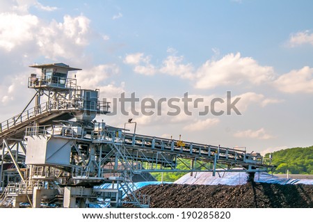 conveyor belt huge machinery transferring coal mine - loading stack soil mineral industry