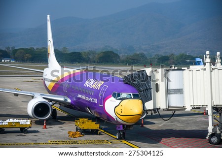 Chiangmai Thailand - January 30, 2015 - Nok Air flight being prepared to take off to Donmuang airport Bangkok. Nok Air is Thai Domestic budget flight.