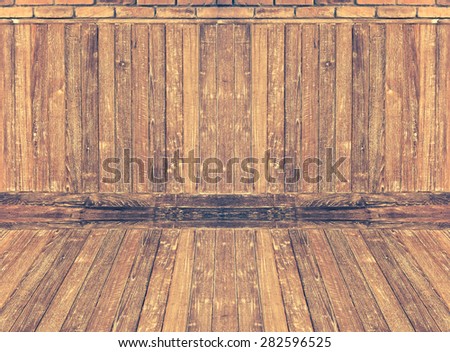 wood room interior with brick design - grunge brown wooden wall floor frame exterior panel timber material texture background