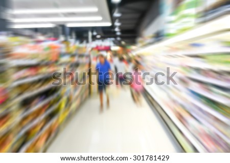 blurred image of supermarket people shopping motion blur - product shelf - business concept
