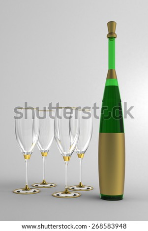 Wine glasses and bottle with gold label without a name and a gold stopper against the window.