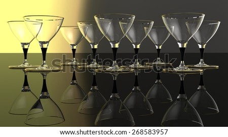 Martini glasses with gold on plain background with reflective floor.