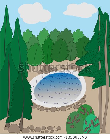 Wilderness landscape with lake and forest. Vector illustration.