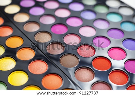 Set of professional colorful eyeshadow palette in close-up view.