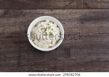 Healthy fat free Greek yogurt dip with caramelised onion and fresh herb thyme.