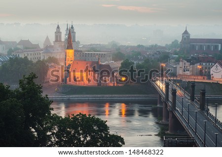 Lithuania. Kaunas Old Town in the fog. View from Aleksotas Hill