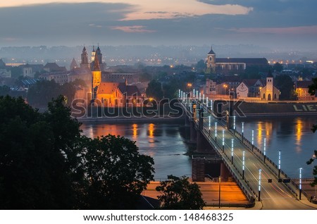 Lithuania. Kaunas Old Town in the fog. View from Aleksotas Hill. Kaunas is the second-largest city in Lithuania and it is one of leading center of Lithuanian economic, academic and cultural life.