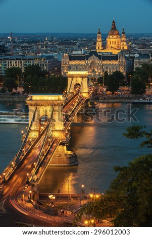 The Szechenyi Chain Bridge in Old Town of Budapest, Hungary at night. One of most representative landmarks of Hungarian capital city.