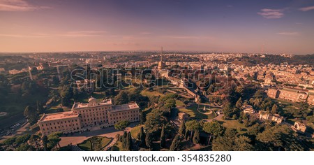 Aerial view of Vatican City and Rome, Italy in the sunset