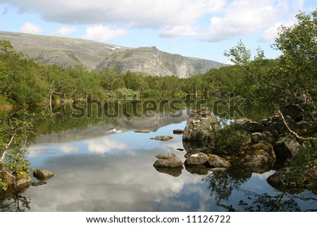 Mountain lake in a wood with mirror reflection of clouds