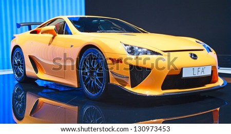 GENEVA MARCH 8 The Lexus Toyota LFA on display at the 81st International Motor Show Palexpo-Geneva on March 8 2011 in Geneva Switzerland GENEVA MARCH 8 The Lexus Toyota LFA on display at the 81st International Motor Show Palexpo-Geneva on March 8 2011 in Geneva Switzerland